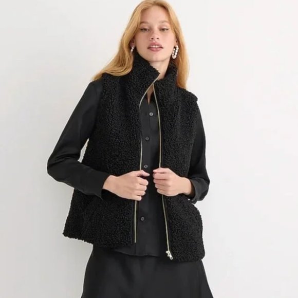 J. Crew Black Sherpa Faux Fur Vest, sz Large - Picture 1 of 7